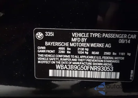 2015 BMW 335I xDrive from USA, damaged, VIN WBA3B9G50FNR93053